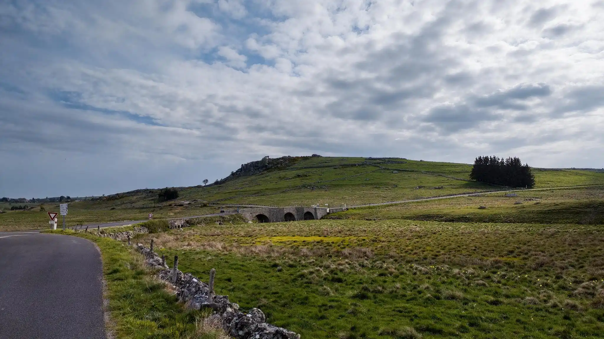 Route et pâturages sur le plateau de l'Aubrac