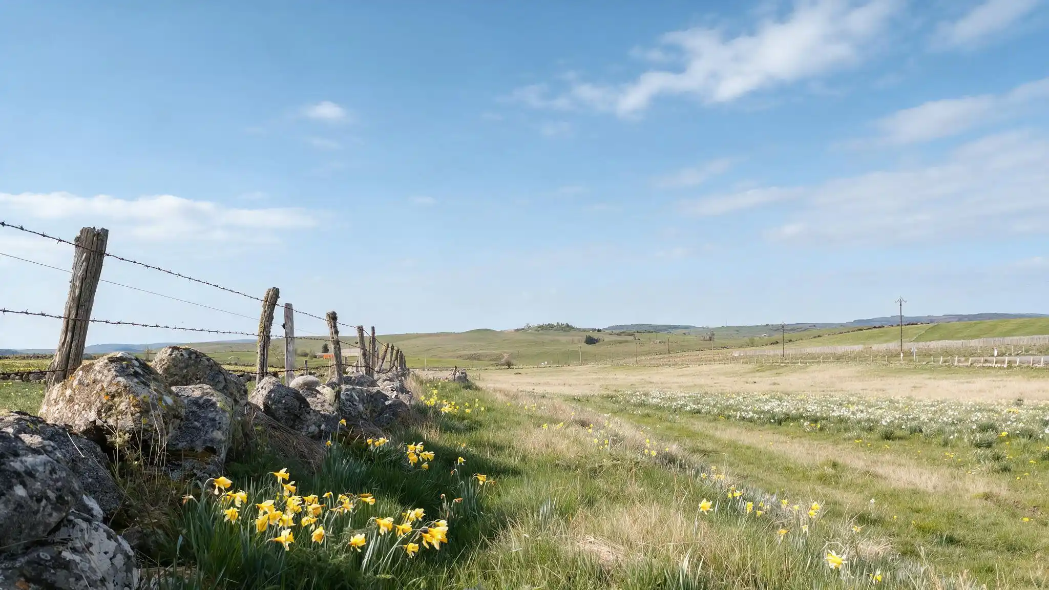 Paysage de l'Aubrac traversé par un muret et une clôture
